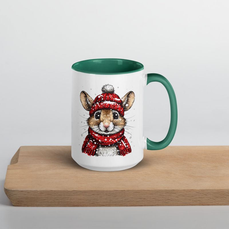 White Ceramic Mug with Color Inside, 11&amp;15oz, Mouse wearing red winter hat and scarf in snow, xg8dl3