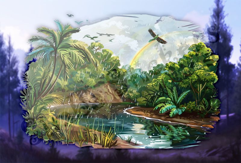 Equatorial Rainforest under the rainbow, with flowing river