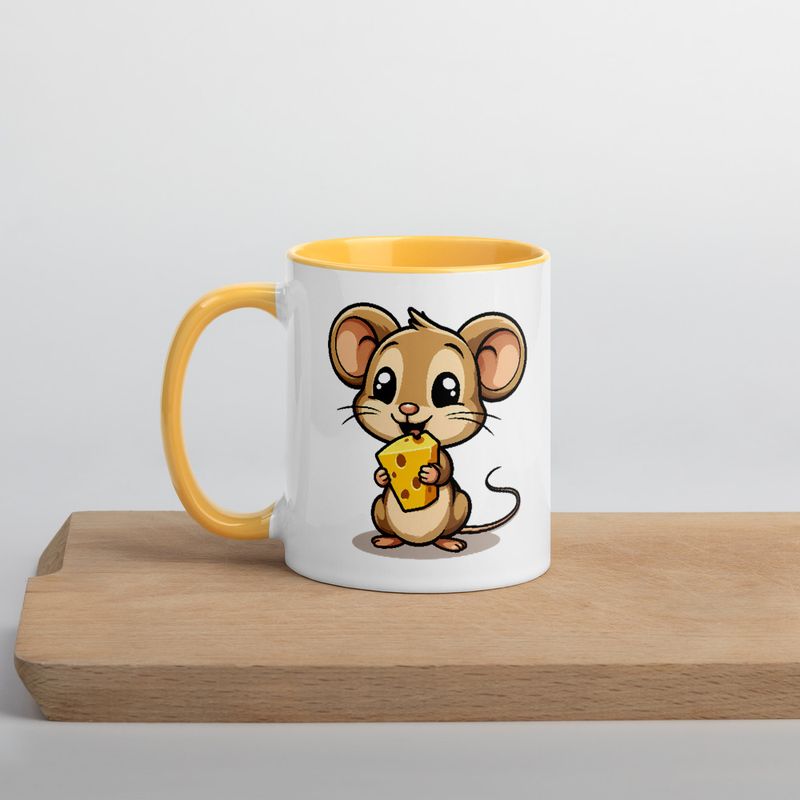 White Ceramic Mug with Color Inside,11&amp;15oz,Small Mouse happily licking large chunk of cheese,pqapy6