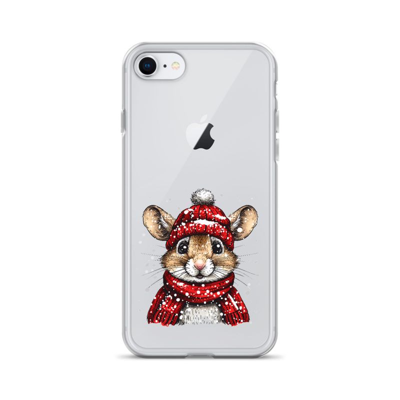 Clear Case for iPhone, Mouse wearing red winter hat and scarf in the snow, xg8dl3