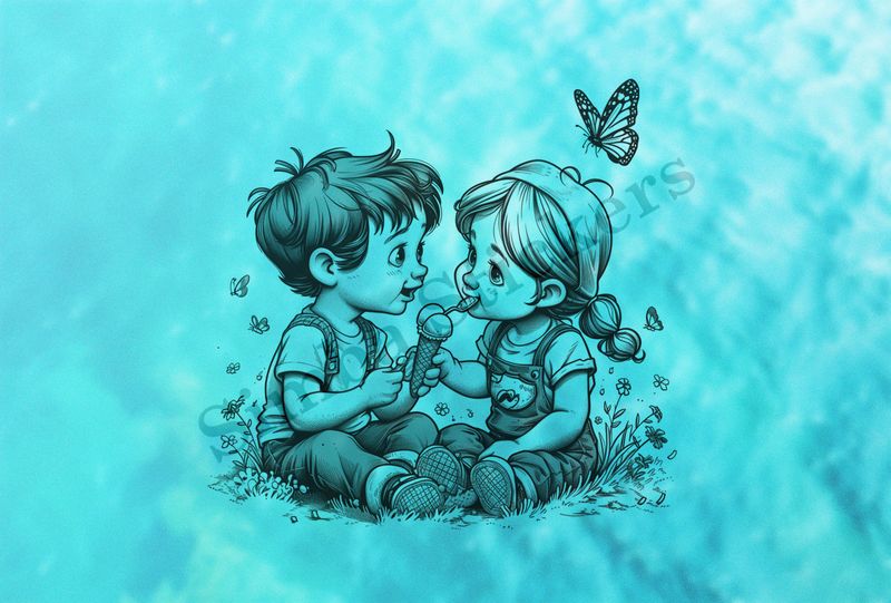 Boy and girl sharing an ice cream, butterfly above them, outline art