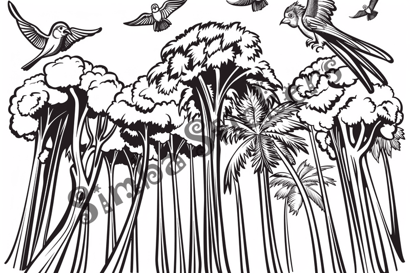 Colouring pages, bundle of Equatorial Rainforest landscape, 25 images