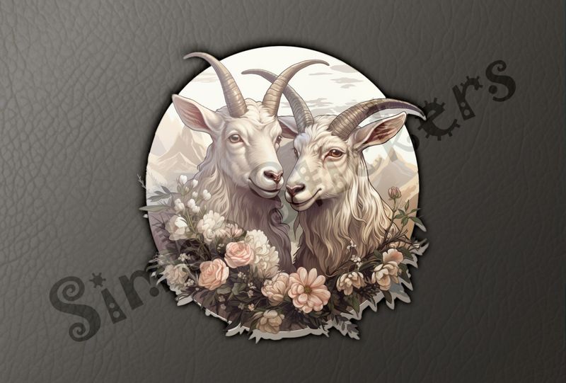 White goats nose-to-nose in love, over wreath of flowers