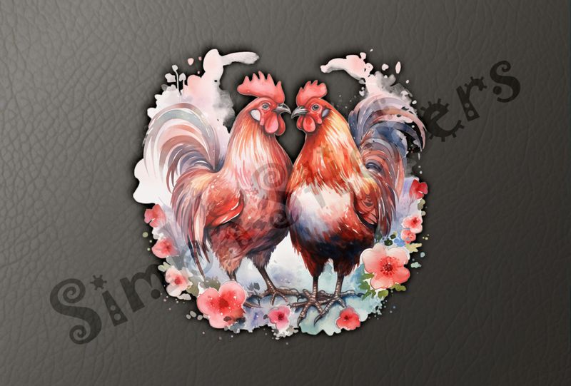Rooster and hen chicken in love, flowers all around, watercolour