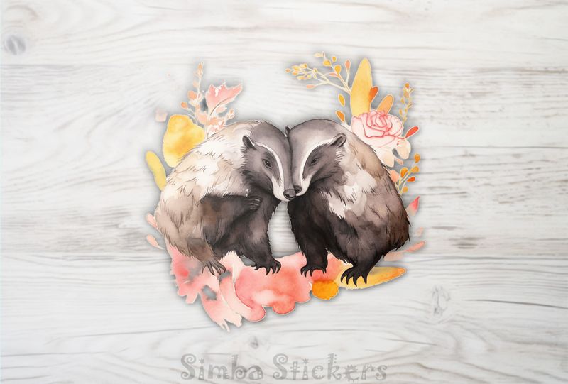 Honey Badgers in love head-to-head, watercolour, gl7iug