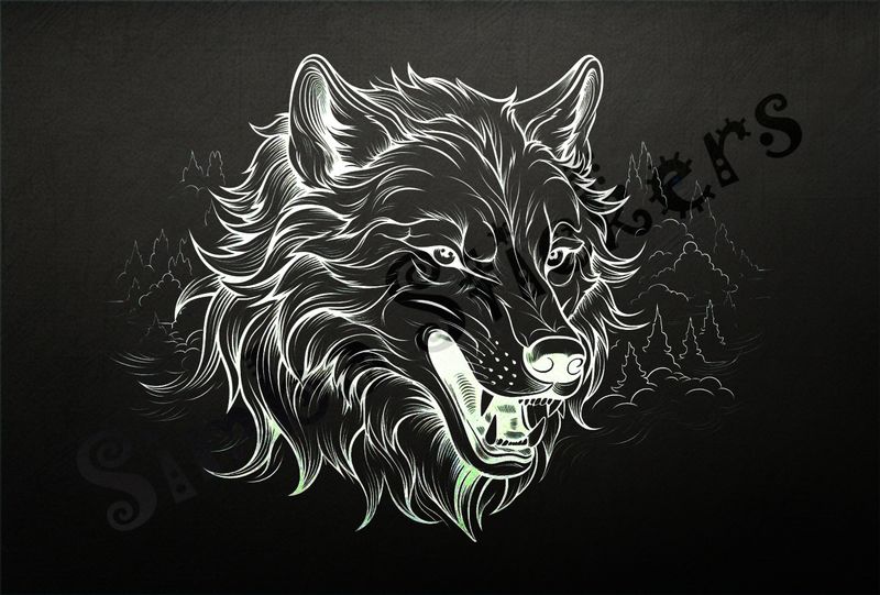 Wolf snarling, face close-up, outline art