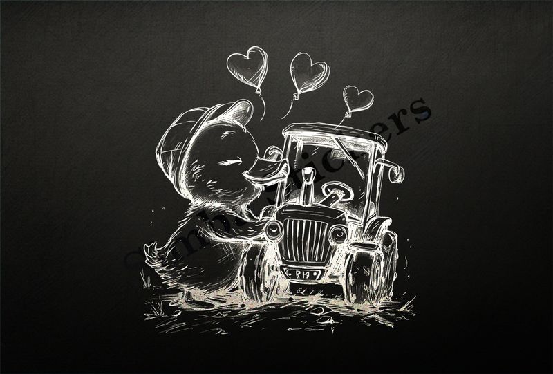 Duckling kissing farmer&#x27;s tractor, outline art