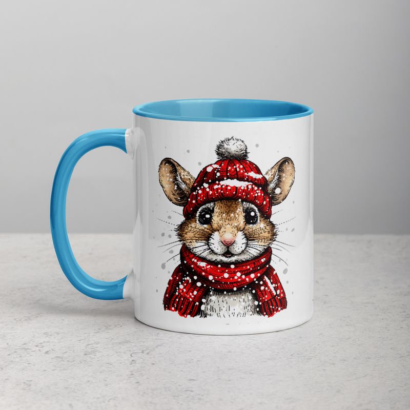 White Ceramic Mug with Color Inside, 11&amp;15oz, Mouse wearing red winter hat and scarf in snow, xg8dl3
