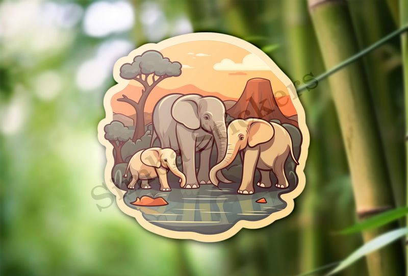 African elephant family at a pond in the Savanna