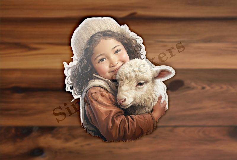 Sheep in arms of  girl of Asian origin in white hat, vintage