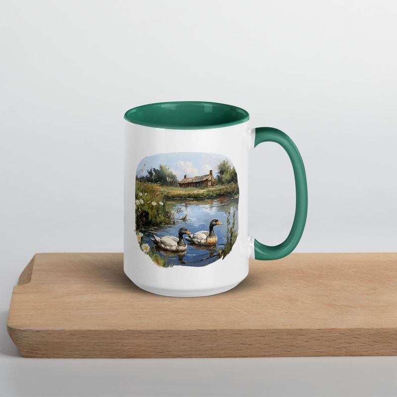 White Ceramic Mug with Color Inside, 11 &amp;15oz, Ducks in love swimming in farmhouse pond 