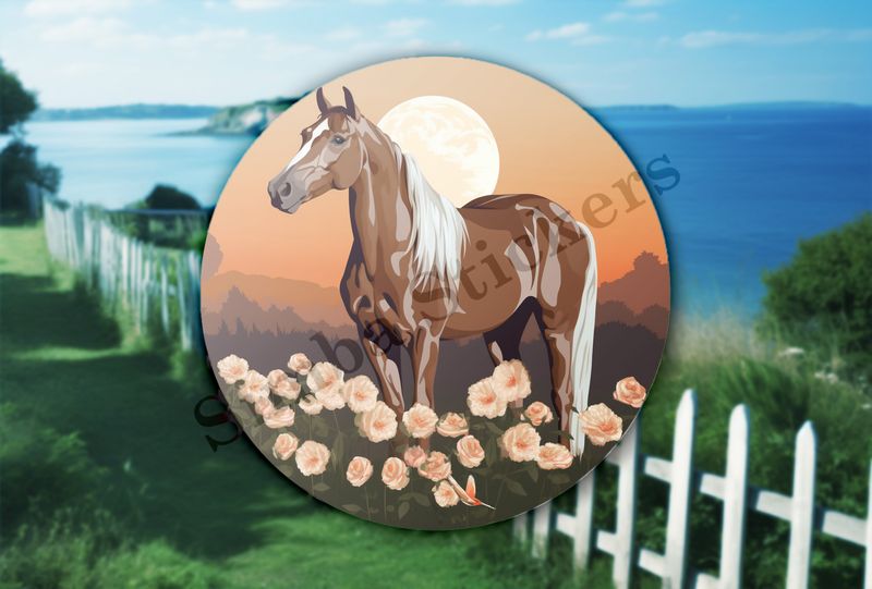 Brown horse in field of flowers at sunset