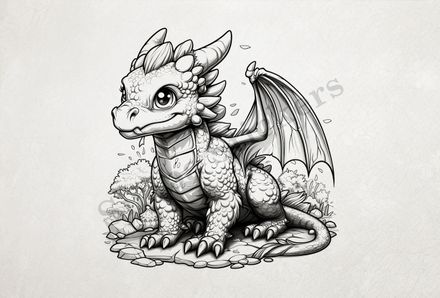 Baby dragon, one wing spread out, outline art