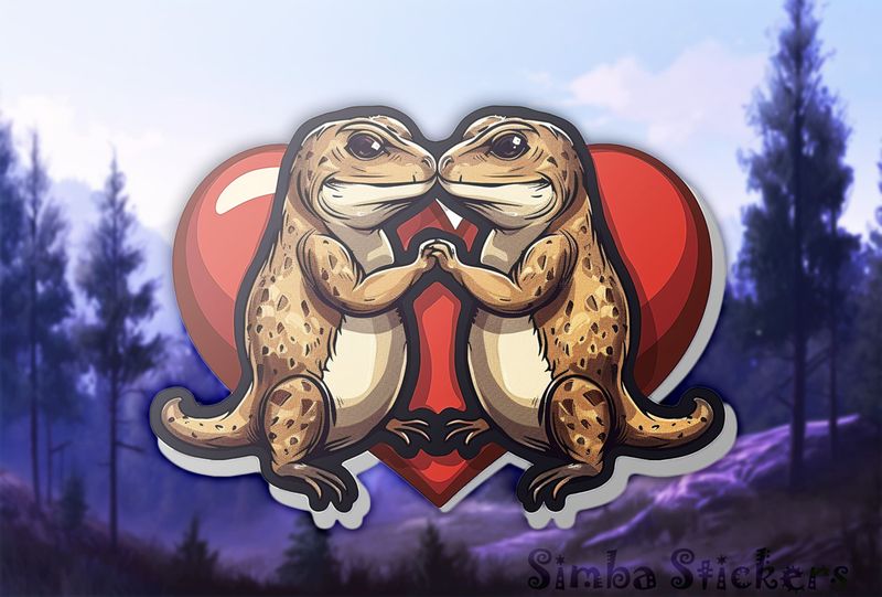 Llizards holding hands nose-to-nose in front of Valentine&#x27;s heart