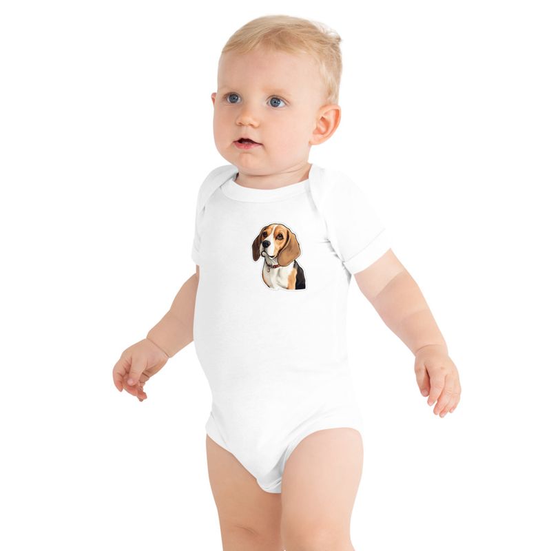 Baby Short Sleeve One Piece, 3-24 Months, Beagle dog with collar, left chest 