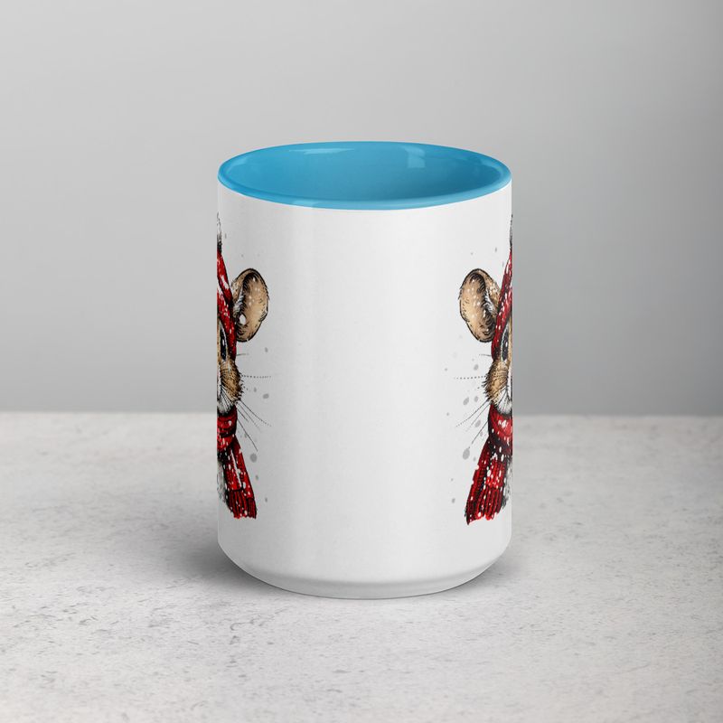 White Ceramic Mug with Color Inside, 11&amp;15oz, Mouse wearing red winter hat and scarf in snow, xg8dl3
