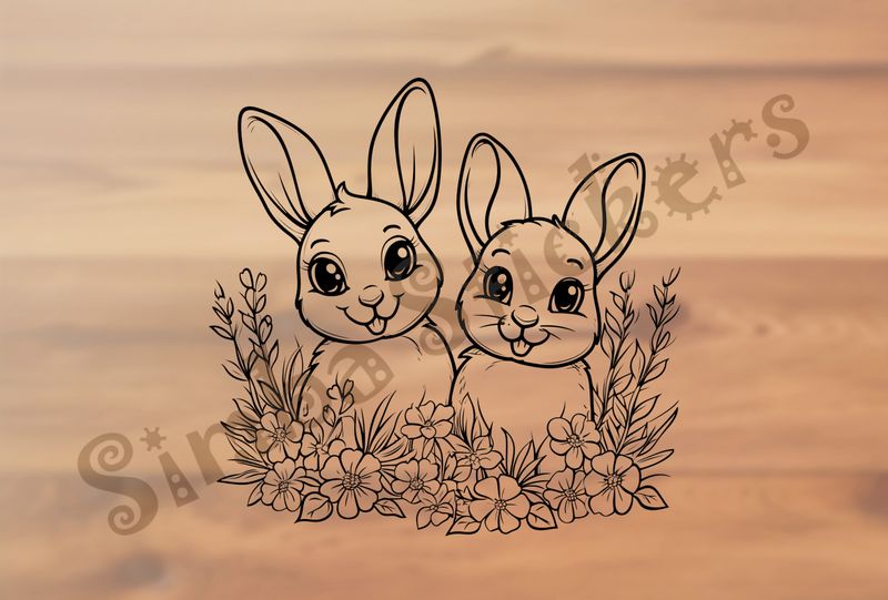 Hares behind flowers, outline art