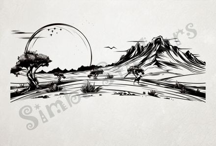 African Savanna landscape, huge sun setting, outline art
