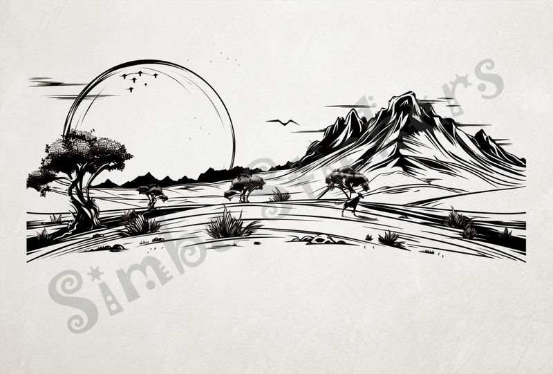 African Savanna landscape, huge sun setting, outline art