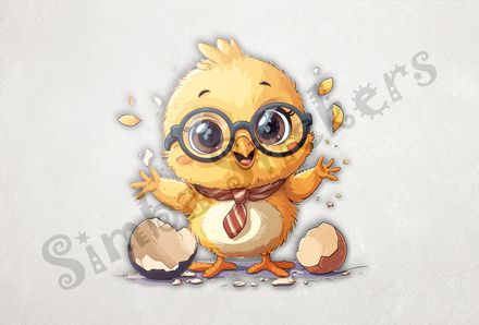 Chick in glasses and necktie arms outstreched next to eggshells