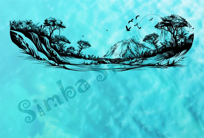 Equatorial Rainforest landscape, moon above mountains, outline art