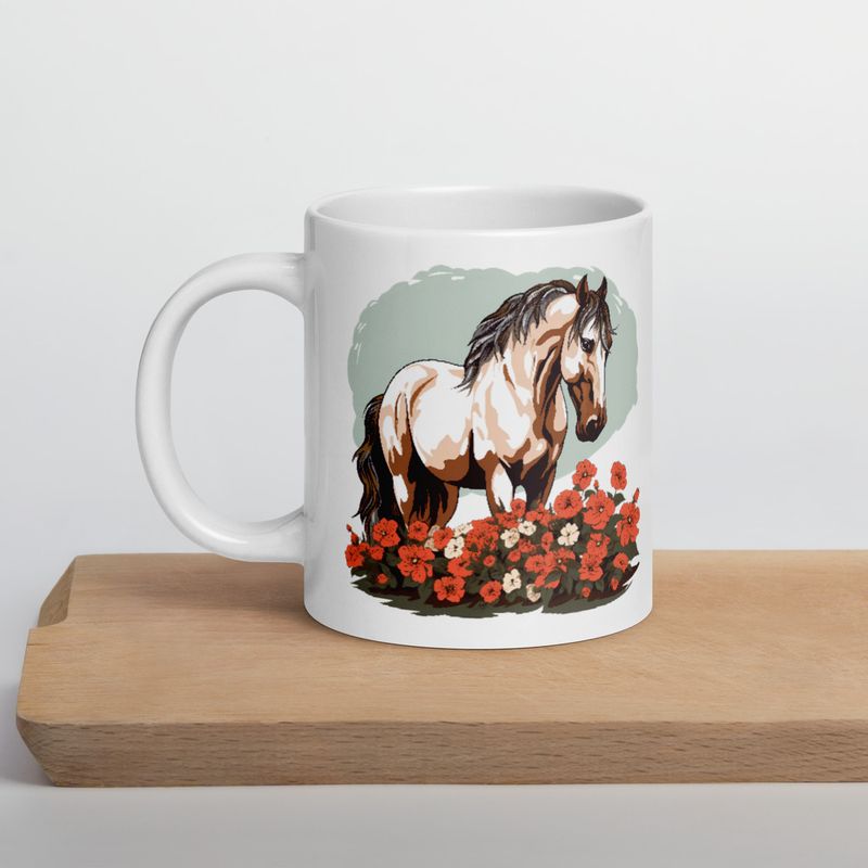 White Glossy Mug, 20oz, Brown horse in field of red flowers, n4w2fj