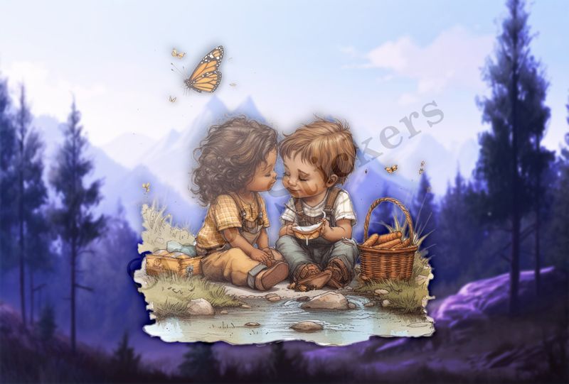 Boy and girl with a picnic basket by a pond, watercolour