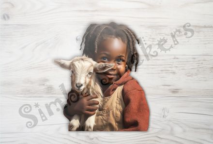 Goat kid in arms of small girl of African origin