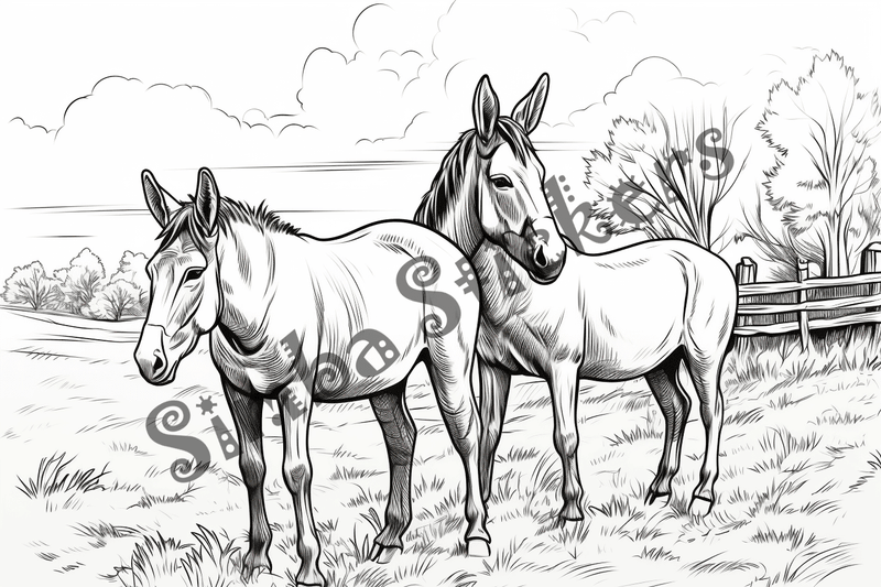 Colouring pages, bundle of donkeys with children, 25 images 2