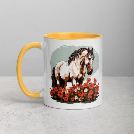 White Ceramic Mug with Color Inside, 11&amp;15oz, Brown horse in field of red flowers, n4w2fj