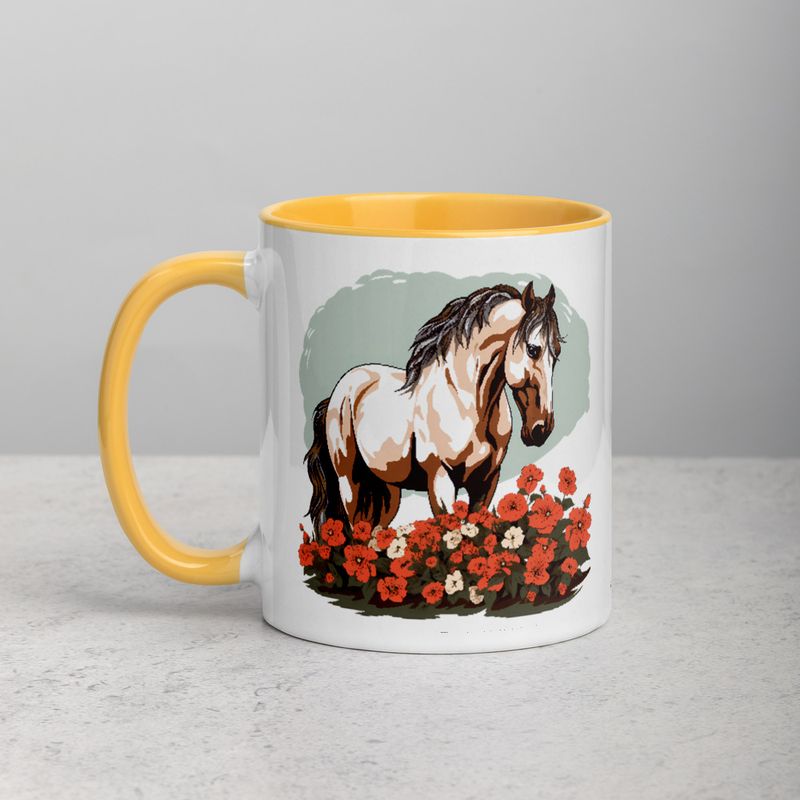 White Ceramic Mug with Color Inside, 11&amp;15oz, Brown horse in field of red flowers, n4w2fj