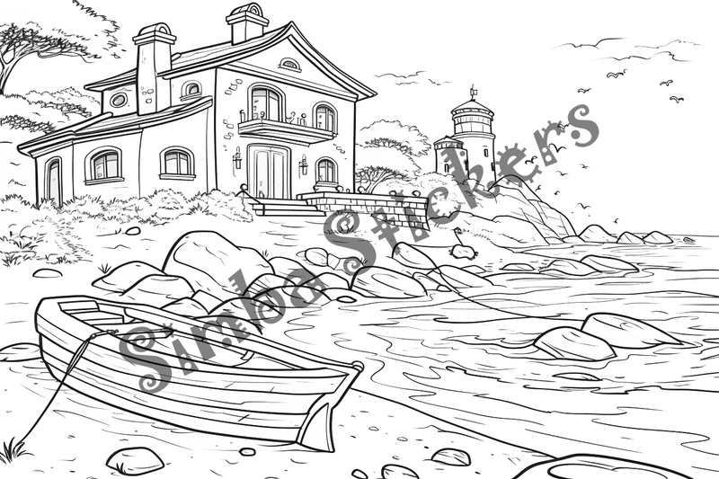 Colouring pages, bundle of houses overlooking the sea, 10 images