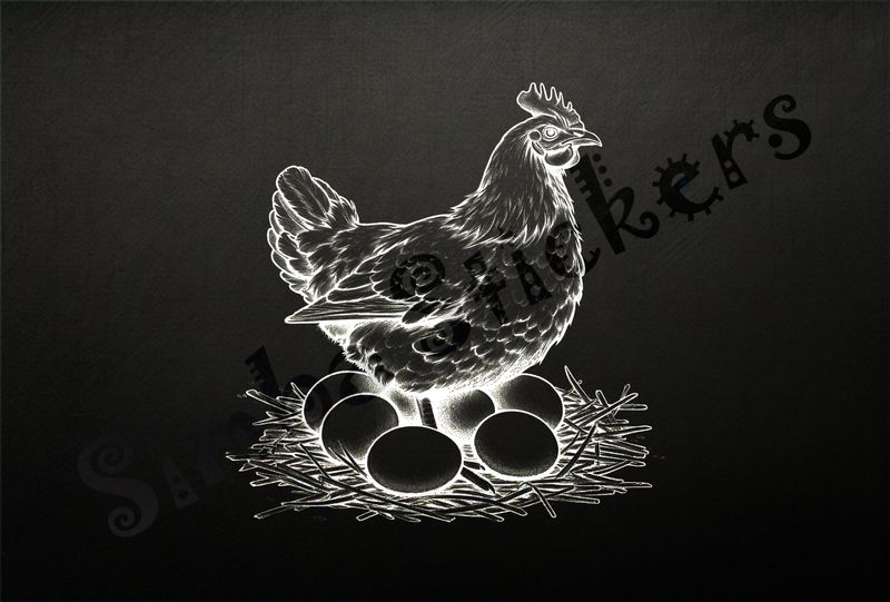 Hen brooding over many eggs, outline art