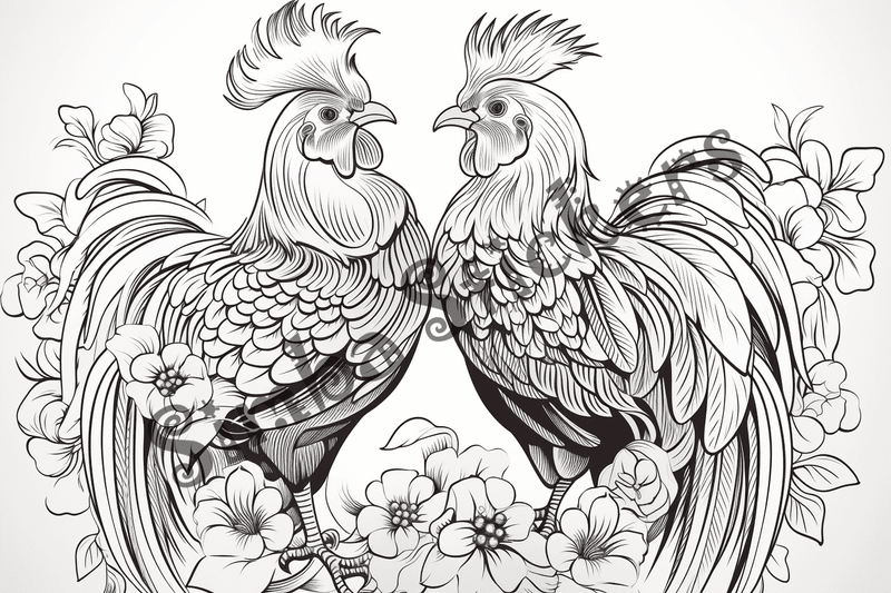 Colouring pages, bundle of chicken in love, mostly in flowers, 10 images