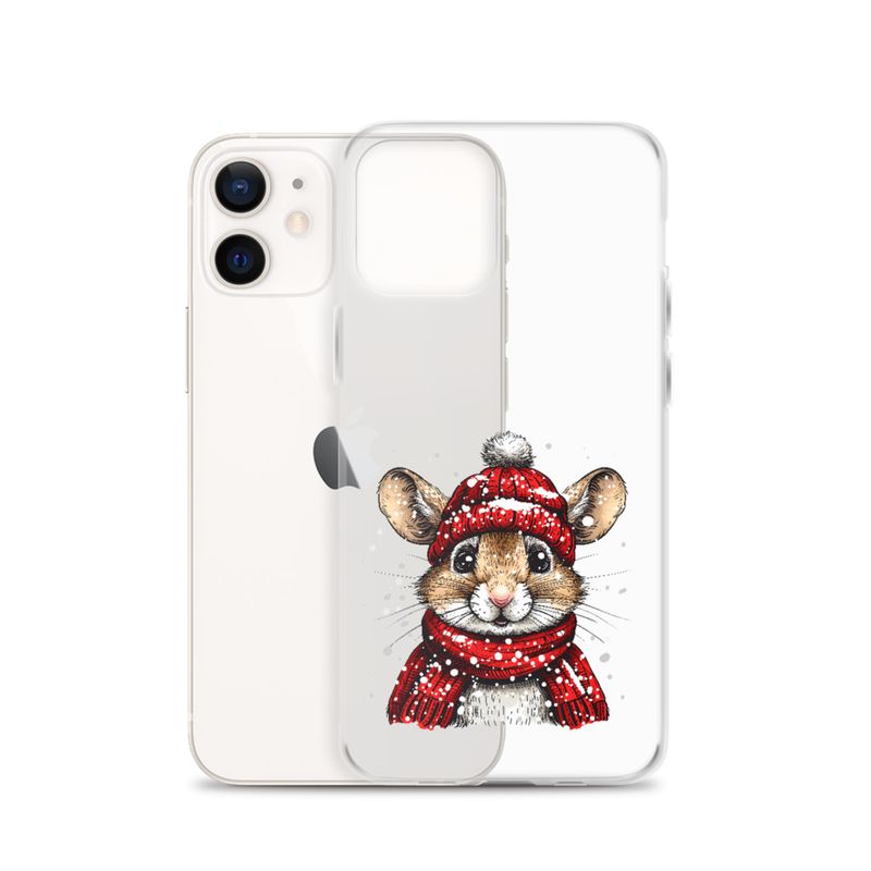 Clear Case for iPhone, Mouse wearing red winter hat and scarf in the snow, xg8dl3