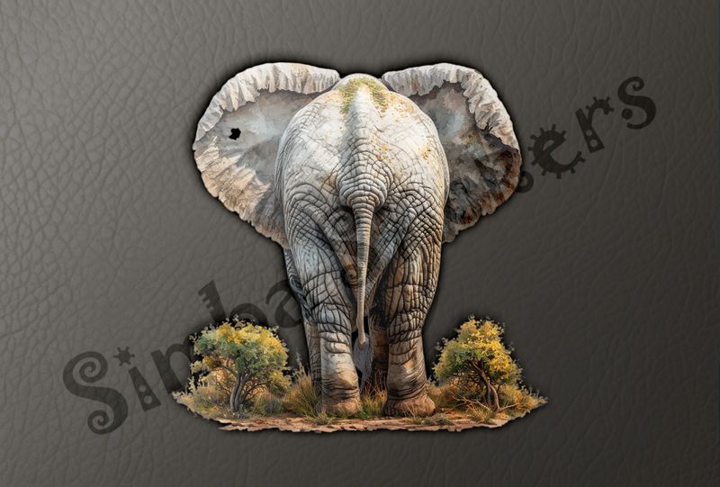 Elephant walking away, ears wide open, from behind