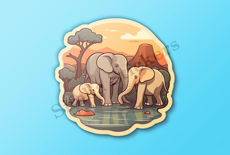 African elephant family at a pond in the Savanna