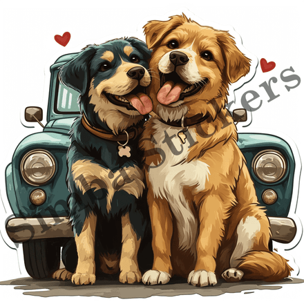 Dogs snuggling by car, watercolour, image set, 10 images