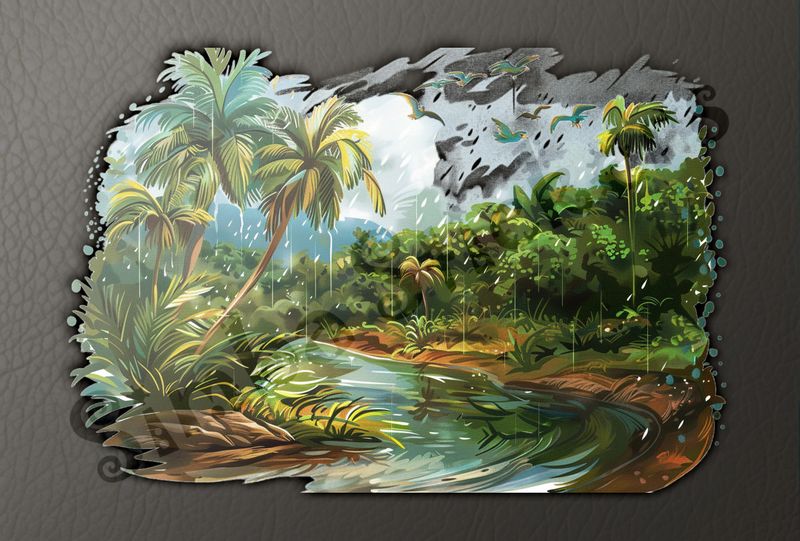 Equatorial Rainforest under the rain, with flowing river