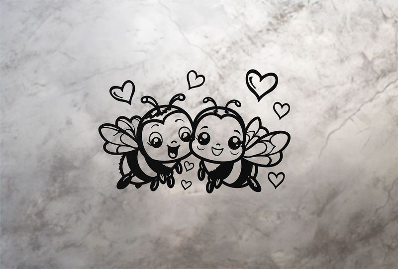 Happy bees in love cheek-to-cheek buzzing, romantic hearts above, outline art