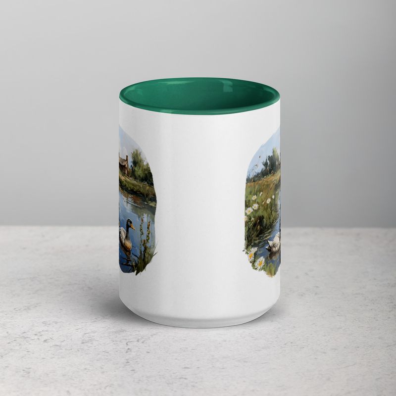 White Ceramic Mug with Color Inside, 11 &amp;15oz, Ducks in love swimming in farmhouse pond 