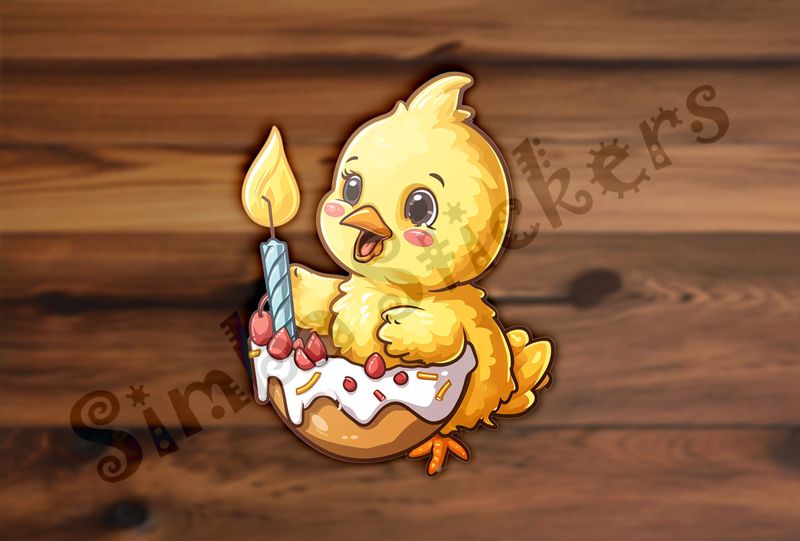 Cute Chick holding up a birthday candle, one foot in egg