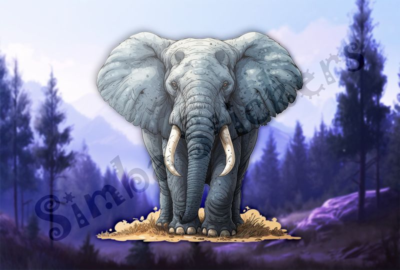 Elephant ears wide-open standing on brownish-goldish ground, watercolour