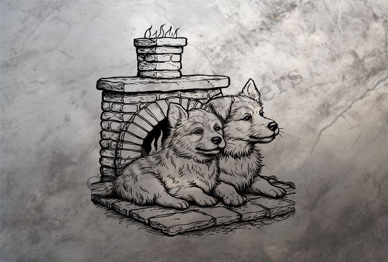 Dogs cuddling by a fireplace, romantic, outline art