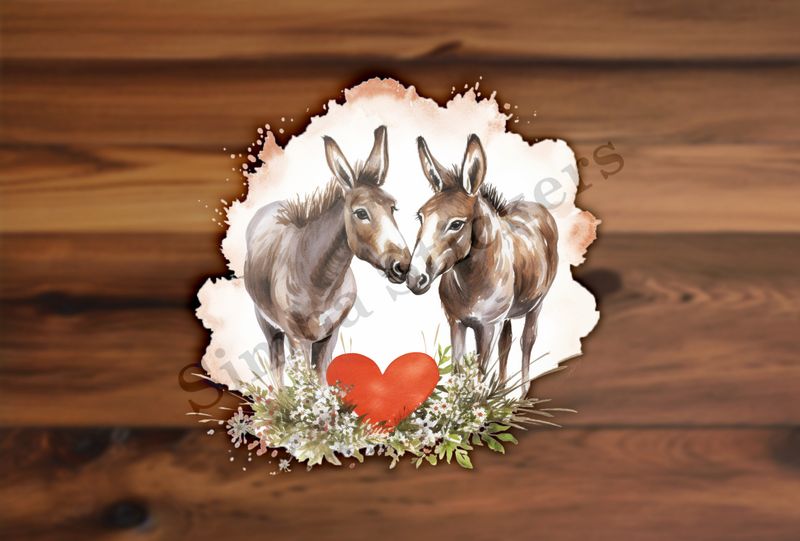 Donkeys in love, big heart in front, watercolour