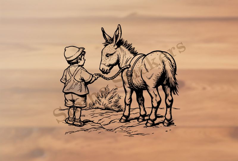 Donkey led on a rope by a small boy in a hat, outline art