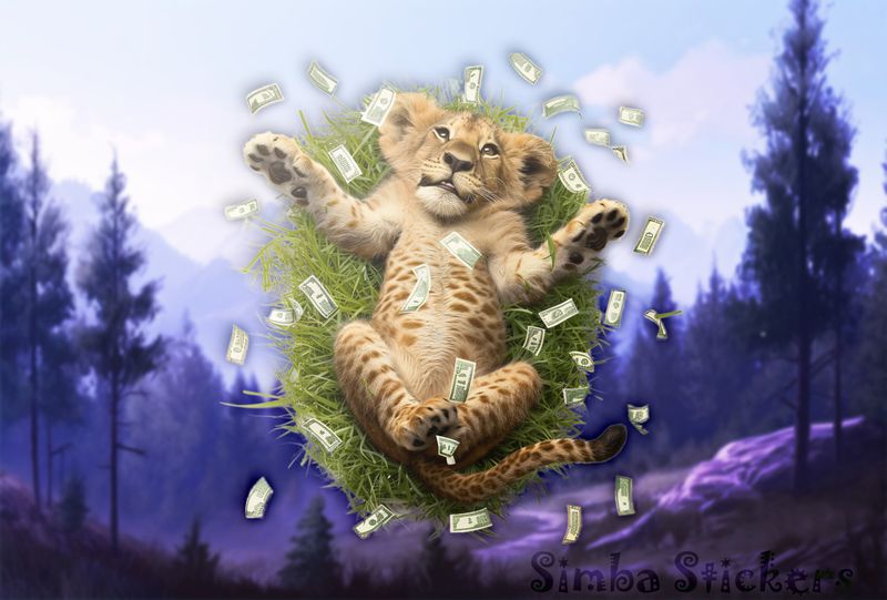 Simba Lion cub lying down surrounded by money in the air