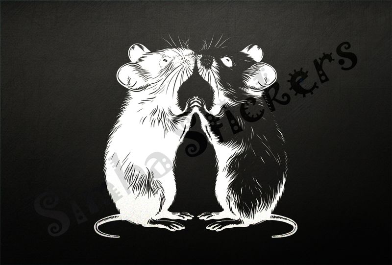 Mice nose-to-nose, holding hands, tails coiled,  outline art