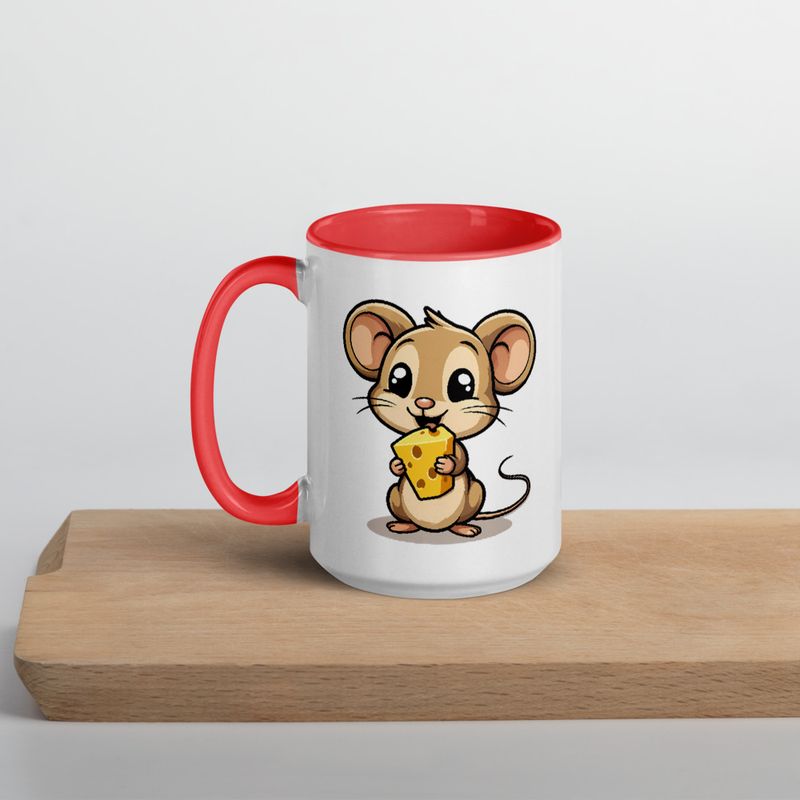 White Ceramic Mug with Color Inside,11&amp;15oz,Small Mouse happily licking large chunk of cheese,pqapy6
