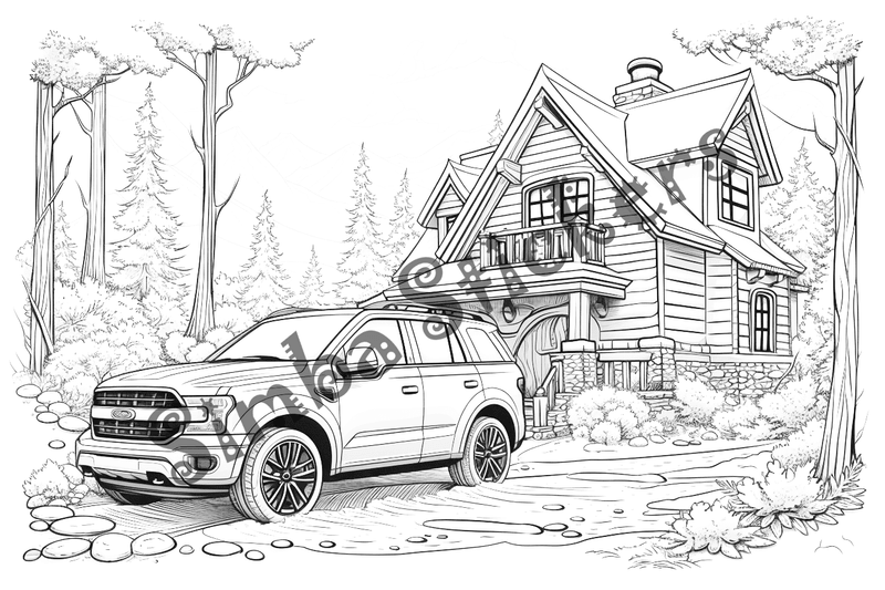 Colouring pages, bundle of houses with car in front, 10 images